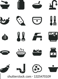 Solid Black Vector Icon Set - deep plate with a spoon vector, plastic fork spoons, iron, sink, siphon, knife, faucet mixer, kitchen, bowl of rice porridge, in saucepan, lettuce, chili, glass tea