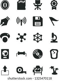 Solid Black Vector Icon Set - floppy disk vector, wind direction indicator, concrete mixer, measuring tape, CD, move up, sandwich, half melon, mashroom, wireless, chair, sd card, microscope, medal
