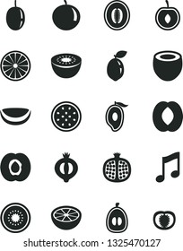 Solid Black Vector Icon Set - music vector, half apricot, pomegranate, of medlar, mango, peach, melon, tangerine, loquat, cherry, passion fruit, kiwi, sour lime, orange, piece coconut, grapefruit