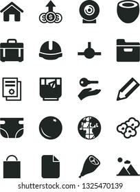 Solid Black Vector Icon Set - paper bag vector, nappy, house, construction helmet, case, folder, lens, grill chicken leg, popcorn, a glass of tea, orange, half coconut, planet, pencil, connect, file