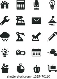 Solid Black Vector Icon Set - house vector, repair key, desktop microphone, graphite pencil, cloud, garden trolley, envelope, timer, Bell pepper, robot welder, light bulb, calendar, projector, idea