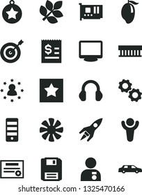 Solid Black Vector Icon Set - mango vector, article on the dollar, fan, radiator, pc tower, card, monitor, headphones, floppy, gears, rocket, biology, patente, winner, man with medal, star, target