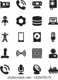 Solid Black Vector Icon Set - desktop microphone vector, laptop, smartphone, phone call, operator, power line, mercury light bulb, processor, pc supply, card, web camera, hdd, wireless, joystick