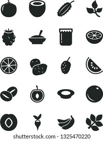 Solid Black Vector Icon Set - a bowl of buckwheat porridge vector, plate milk, coffee beans, jam, orange, plum, blackberry, tasty mulberry, slice water melon, half cherry, bananas, lemon, coconut