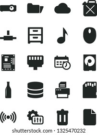 Solid Black Vector Icon Set - nightstand vector, canister, Glass bottle, mouse, motherboard, hdd, printer, folder, connect, trash bin, lan connector, wireless, projector, note, sd card, big data