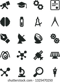 Solid Black Vector Icon Set - square academic hat vector, test tube, microscope, telescope, molecule, zoom, brain, gears, satellite, bactery, drawing compass, sun panel, antenna, patente, ink pen