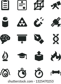 Solid Black Vector Icon Set - powder vector, unpacking, telescope, nuclear, dna, brain, satellite, bactery, magnet, flame, graduate hat, clipboard, presentation board, stopwatch, patente, 3d cube