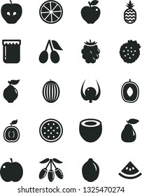 Solid Black Vector Icon Set - jam vector, strawberries, a pineapple, apple, quince, pear, red, tasty, cornels, blackberry, melon, goji berry, delicious plum, lime, half of passion fruit, slice lemon