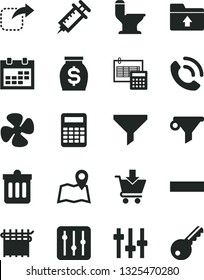 Solid Black Vector Icon Set - calendar vector, minus, upload folder, comfortable toilet, calculation, dust bin, regulator, put in cart, phone call, move right, fan screw, cloth industry, filter, map