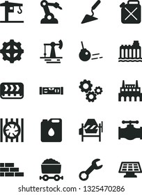 Solid Black Vector Icon Set - crane vector, brick wall, building trowel, concrete mixer, level, core, working oil derrick, valve, hydroelectricity, industrial factory, gear, conveyor, canister, of