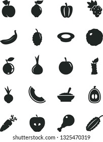 Solid Black Vector Icon Set - a bowl of buckwheat porridge vector, plate milk, chicken leg, cabbage, beet, carrot, peach, grape, quince, tasty apple, blueberry, mulberry, slice melon, half loquat