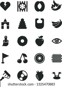 Solid Black Vector Icon Set - pennant vector, bib, stacking rings, box of bricks, paint roller, plastic brush, broken heart, eye, cherry, red apple, strawberry, half peach, bananas, kiwi, hot pepper