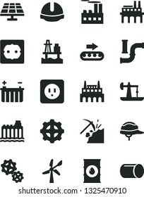 Solid Black Vector Icon Set - power socket type b vector, f, construction helmet, sea port, solar panel, oil derrick, coal mining, wind energy, water pipes, battery, hydroelectricity, factory, gear