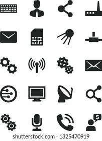 Solid Black Vector Icon Set - desktop microphone vector, monitor window, envelope, employee, artificial satellite, gears, dish, SIM, connection, connections, phone call, keyboard, router, network