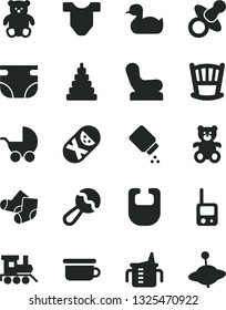 Solid Black Vector Icon Set - cradle vector, dummy, measuring cup for feeding, nappy, baby powder, bib, Child T shirt, beanbag, chair, stroller, rubber duck, stacking toy, Knitted Socks, tumbler