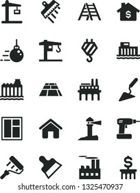 Solid Black Vector Icon Set - crane vector, house, hook, big core, building trowel, window, cordless drill, paint roller, ladder, putty knife, spatula, paving slab, hydroelectric station, industrial