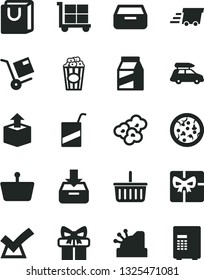 Solid Black Vector Icon Set - cargo trolley vector, grocery basket, e, put in a box, drawer, bag with handles, package, shipment, unpacking, pizza, popcorn, cup of, shopping, urgent, gift, giftbox