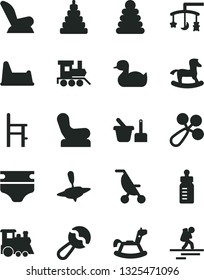 Solid Black Vector Icon Set - toys over the cradle vector, feeding bottle, diaper, beanbag, baby rattle, chair, car child seat, summer stroller, rubber duck, stacking rings, toy, sand set, potty