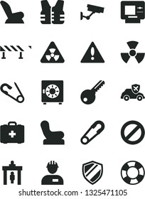 Solid Black Vector Icon Set - warning vector, prohibition, Baby chair, car child seat, safety pin, open, medical bag, workman, key, road fence, strongbox, autopilot, nuclear, security gate, atm