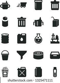 Solid Black Vector Icon Set - bin vector, mug for feeding, measuring cup, powder, packing of juice with a straw, bucket, dust, drawer, canned goods, popcorn, jam, sea port, round flask, barrel, oil
