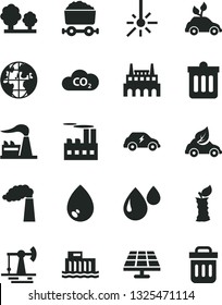 Solid Black Vector Icon Set - dust bin vector, drop, apple stub, solar panel, working oil derrick, manufacture, factory, hydroelectric station, trees, industrial building, eco car, electric, CO2