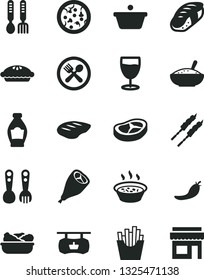 Solid Black Vector Icon Set - plastic fork spoons vector, iron, pizza, pie, a bowl of rice porridge, in saucepan, lettuce plate, grill chicken leg, bacon, chop, barbecue, French fries, sushi, glass