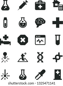 Solid Black Vector Icon Set - mark of injury vector, first aid kit, plus, estimate, temperature, cardiogram, round flask, mercury thermometer, outdoor, test tube, dna, brain, pipette, syringe