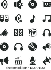 Solid Black Vector Icon Set - horn vector, loudspeaker, silent mode, drumroll, drum, CD, no sound, megaphone, pc card, headphones, speaker, note, microphone