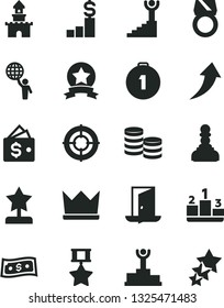 Solid Black Vector Icon Set - pedestal vector, coins, winner podium, pawn, star reward, stairway, man hold world, first place medal, hero, ribbon, gold ring, aim, arrow up, exit door, dollar, wallet