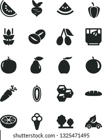 Solid Black Vector Icon Set - loaf vector, carrot, coffee beans, a glass of tea, cone, mint, honeycombs, pear, cornels, slice water melon, loquat, tangerine, sweet date fruit, half grapefruit, beet