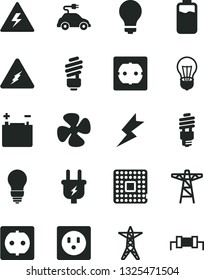 Solid Black Vector Icon Set - danger of electricity vector, matte light bulb, saving, power socket type f, lightning, fan screw, charge level, accumulator, line, pole, plug, energy, electric car