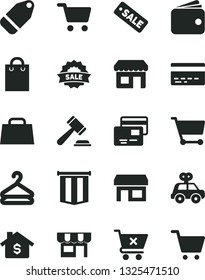 Solid Black Vector Icon Set - bank card vector, hammer of a judge, motor vehicle present, crossed cart, cards, kiosk, hanger, label, stall, shopping, wallet, bag, hand, season sale, pennant flag