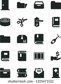 Solid Black Vector Icon Set - folder vector, book, e, books, window frame, door knob, ntrance, received letter, drawer, cardboard box, canned goods, get a wage, grand opening, champagne