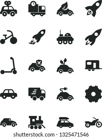 Solid Black Vector Icon Set - Truck Lorry Vector, Motor Vehicle, Present, Baby Toy Train, Tricycle, Child Kick Scooter, Delivery, Eco Car, Environmentally Friendly Transport, Electric, Retro, Rocket