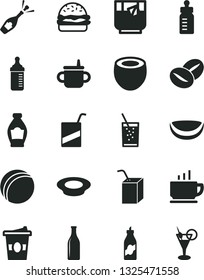 Solid Black Vector Icon Set - mug for feeding vector, bottle, measuring, bath ball, e, packing of juice with a straw, coffee, burger, plate milk, beans, coffe to go, glass soda, tea, liquor, half