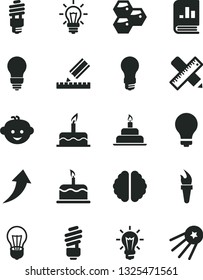 Solid Black Vector Icon Set - matte light bulb vector, children's hairdo, cake, birthday, saving, writing accessories, drawing, honeycombs, energy, book on statistics, brain, flame torch, arrow up