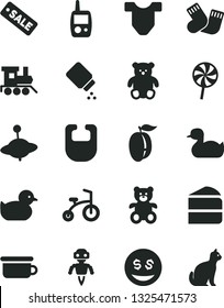 Solid Black Vector Icon Set - baby powder vector, bib, Child T shirt, rubber duck, duckling, warm socks, toy mobile phone, children's potty, teddy bear, small, train, yule, bicycle, piece of cake