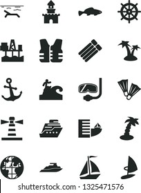 Solid Black Vector Icon Set - anchor vector, small fish, commercial seaport, lighthouse, planet, sand castle, sail boat, hotel, beach, palm tree, flippers, diving mask, surfing, handwheel, life vest