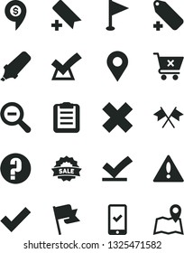 Solid Black Vector Icon Set - warning vector, add bookmark, zoom out, check mark, cross, label, pennant, question, flag, crossed cart, location, text highlighter, sale, clipboard, flags, vote, map