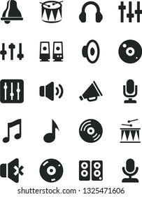 Solid Black Vector Icon Set - bell vector, desktop microphone, horn, loudspeaker, drumroll, drum, music, CD, regulator, volume, no sound, headphones, pc speaker, note, settings