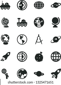 Solid Black Vector Icon Set - globe vector, earth, planet, scribed compasses, space rocket, core, saturn, lunar rover, man hold world, flag on moon