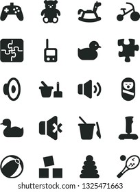 Solid Black Vector Icon Set - loudspeaker vector, rubber duck, baby duckling, bath ball, stacking rings, roly poly doll, toy phone, sand set, children's, small teddy bear, rocking horse, tricycle