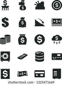 Solid Black Vector Icon Set - dollar vector, strongbox, coins, reverse side of a bank card, front the, column, recession, financial item, money, dollars, cash, cashbox, gold bar, bag hand, rain