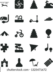 Solid Black Vector Icon Set - stacking rings vector, toy, box of bricks, child bicycle, Kick scooter, Puzzle, Puzzles, pawn, air balloon, hang glider, tent, beach, arnchair under umbrella, pool