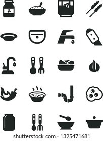 Solid Black Vector Icon Set - deep plate with a spoon vector, plastic fork spoons, iron, sink, siphon, knife, faucet mixer, kitchen, bowl of rice porridge, in saucepan, lettuce, barbecue, chili, pan