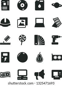 Solid Black Vector Icon Set - cordless drill vector, color samples, drawing, construction helmet, dangers, picture, megaphone, planet, lollipop, grapefruit, part of guava, canister oil, computer, cd
