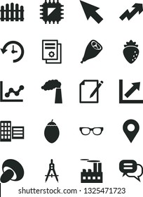 Solid Black Vector Icon Set - growth up vector, graph, chart, city block, hedge, notes, porcini, grill chicken leg, raspberry, tamarillo, manufacture, industrial building, smd, Measuring compasses