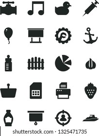 Solid Black Vector Icon Set - feeding bottle vector, baby duckling, balloon, star gear, hedge, anchor, strawberry, garlic, valve, SIM card, shopping basket, billboard, man in sight, pie charts, note