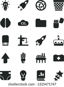 Solid Black Vector Icon Set - wicker pot vector, upward direction, folder, nappy, bag of a paramedic, bulb, torte, industrial enterprise, energy saving, tower crane, CO2, rocket, book on statistics