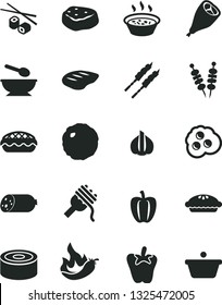 Solid Black Vector Icon Set - deep plate with a spoon vector, sausage, canned goods, fried vegetables on sticks, spaghetti, pie, apple, porridge in saucepan, grill chicken leg, chop, barbecue, peper